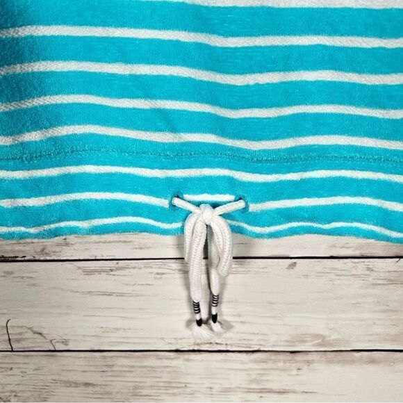 TALBOTS Striped Terry Cloth Top Drawstring Hem Turquoise White MP - Picture 4 of 7